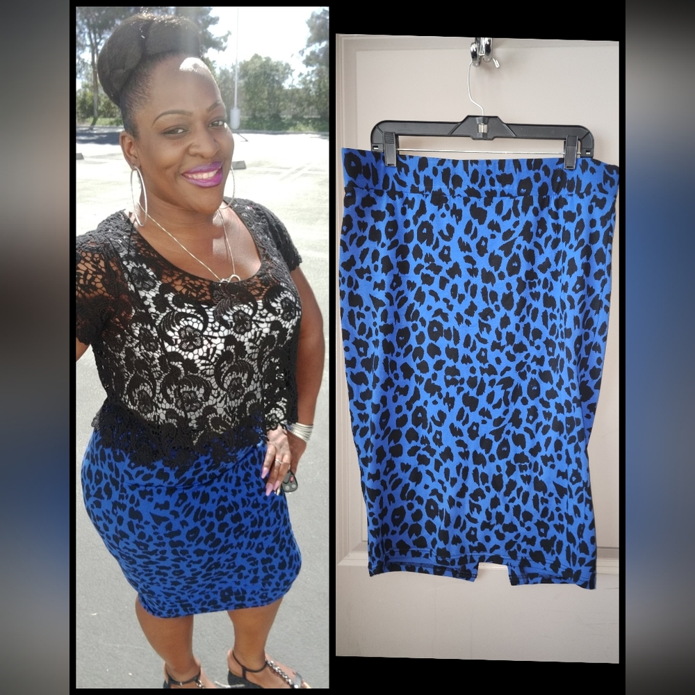 Blue Animal Print Pencil Skirt